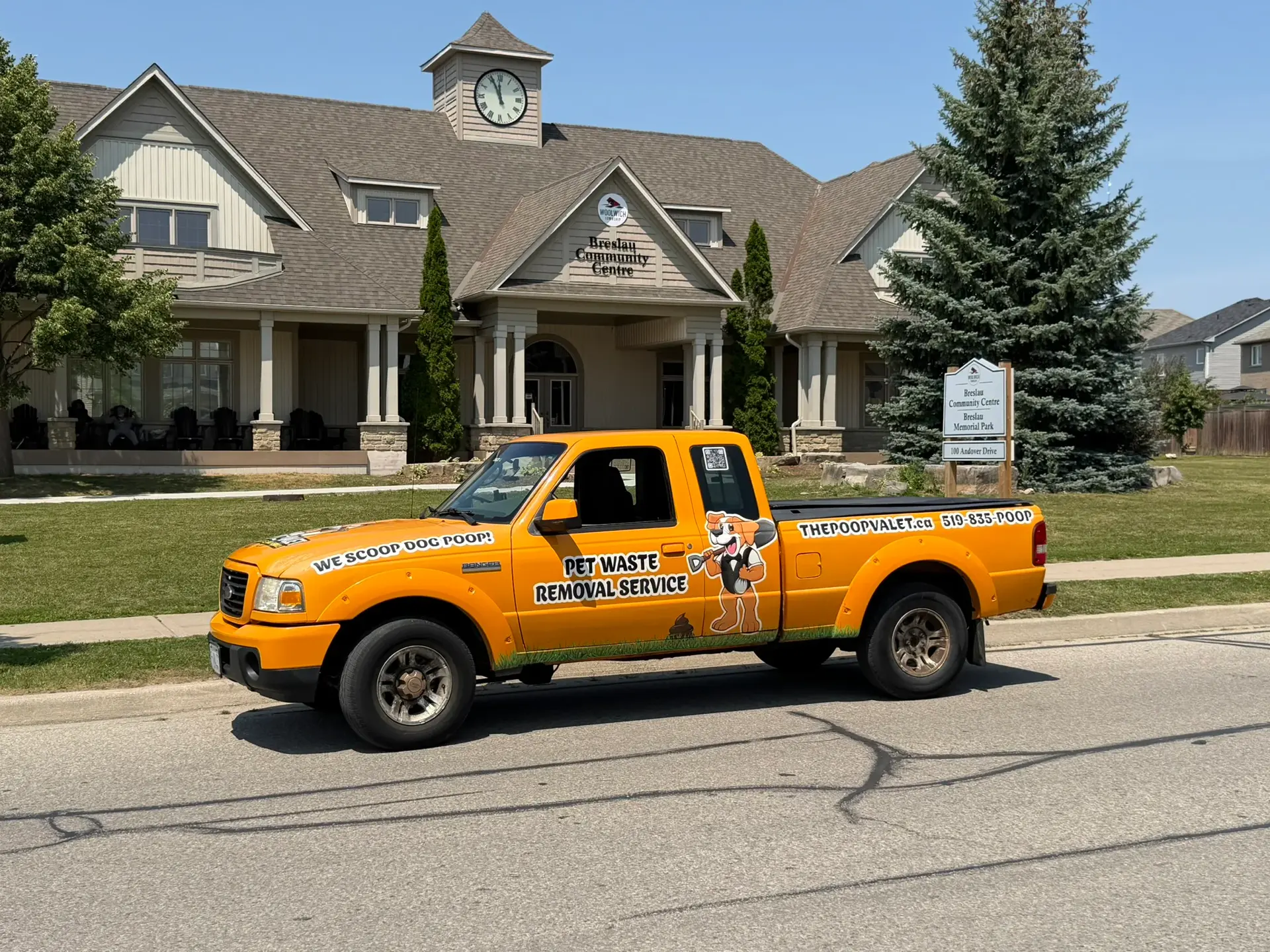 The Poop Valet service truck outside the Breslau Community Centre