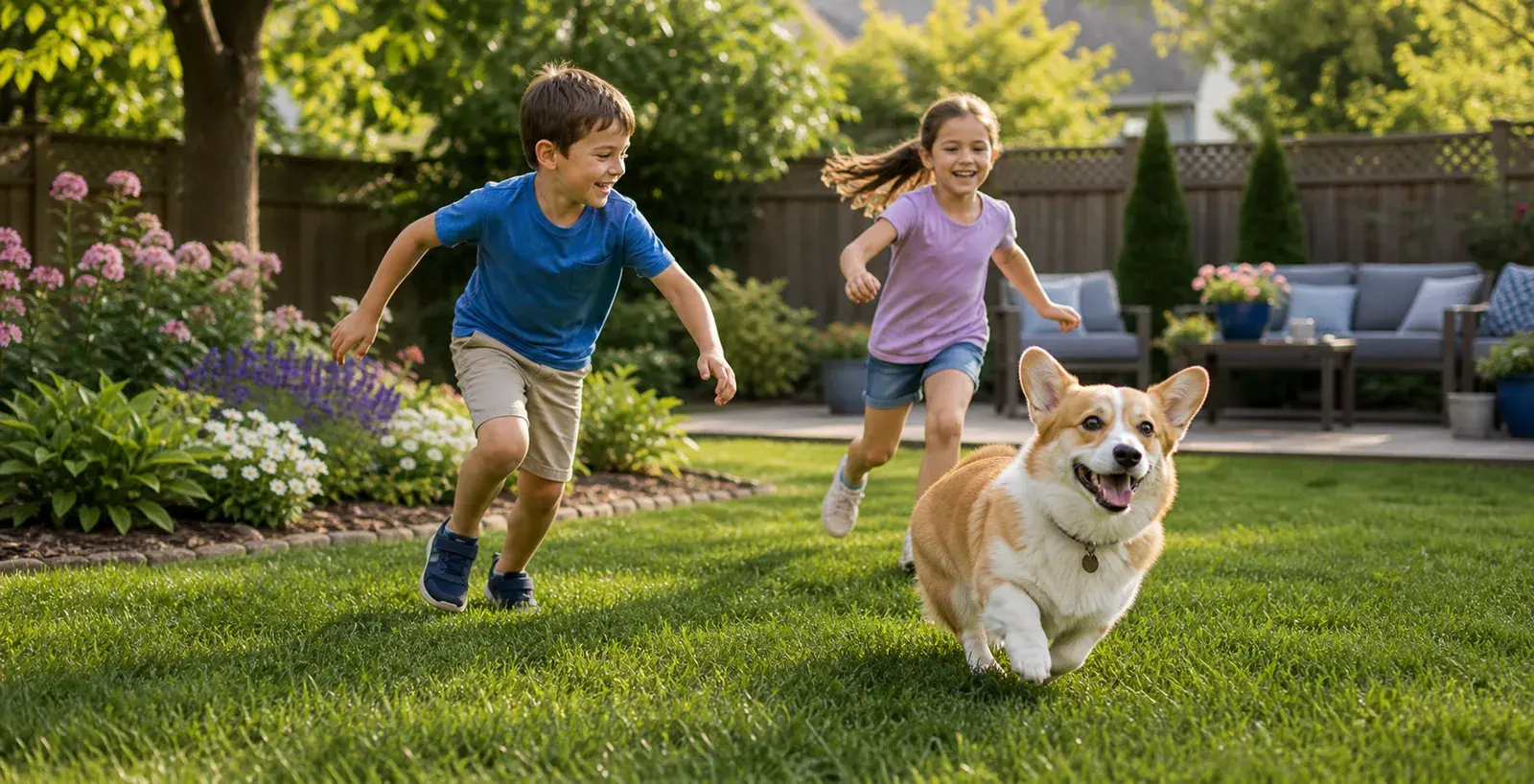 Dogs and family yard time near Doon