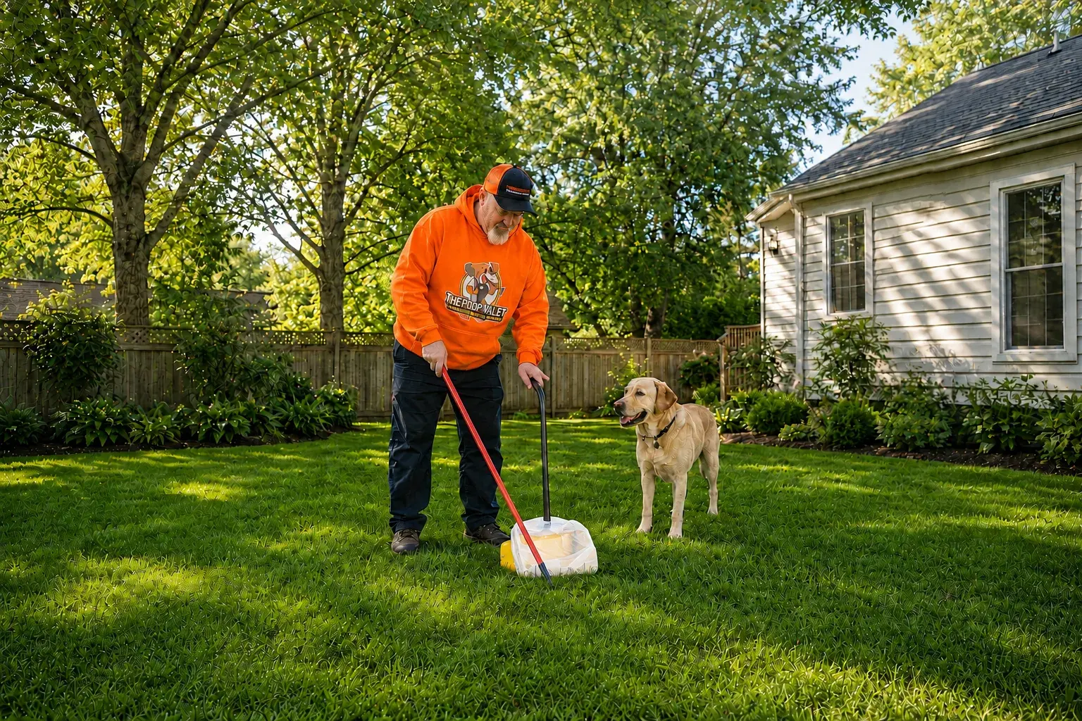 Rick Couchman scooping a client's yard with the family dog watching