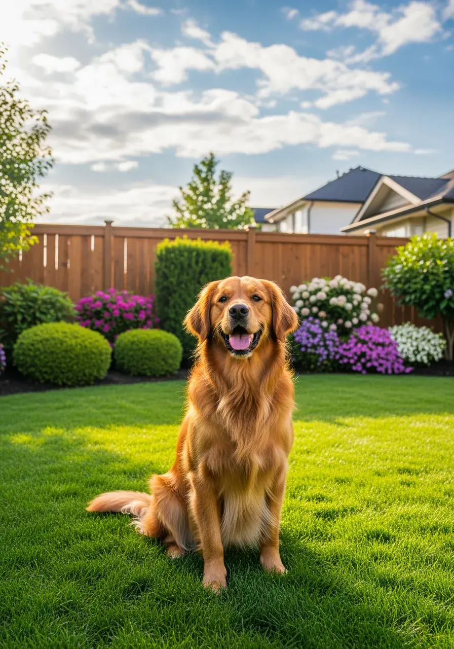 Happy dog sitting in a clean, well-maintained backyard