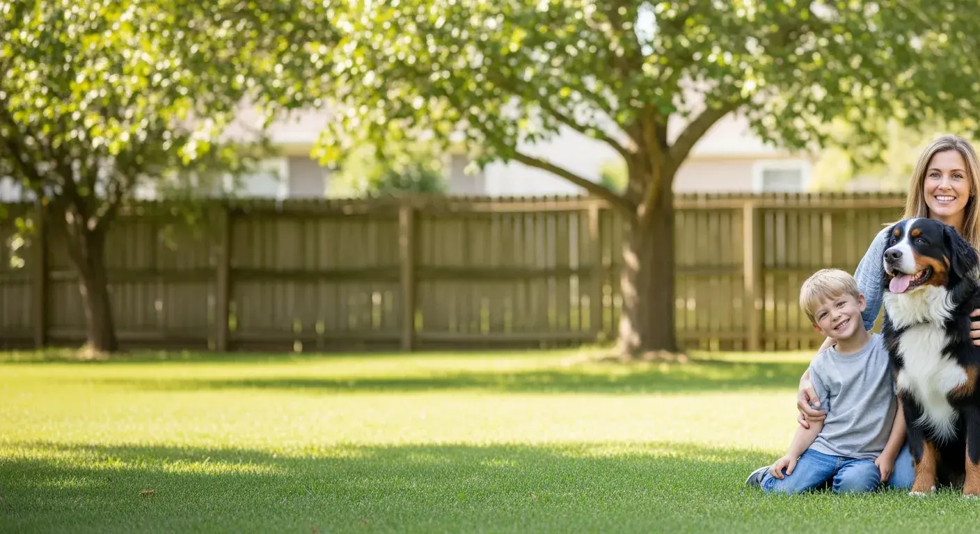 Family enjoying time with their dog in a clean backyard thanks to The Poop Valet