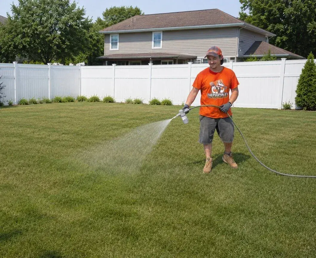 The Poop Valet technician applying yard deodorizer during a weekly cleanup
