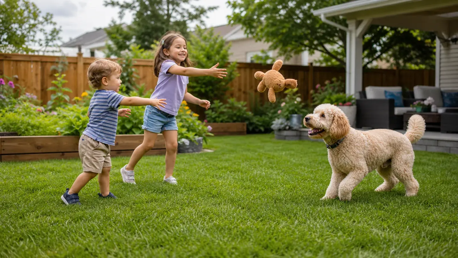 Dogs and family yard time near Lakeshore